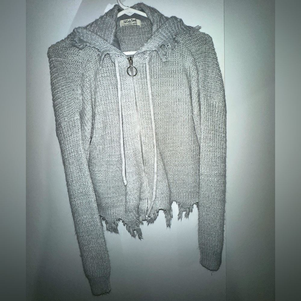 Grey distressed zip-up sweater